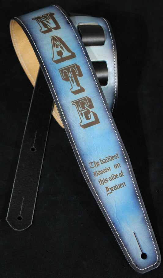 Stitched light blue leather guitar strap