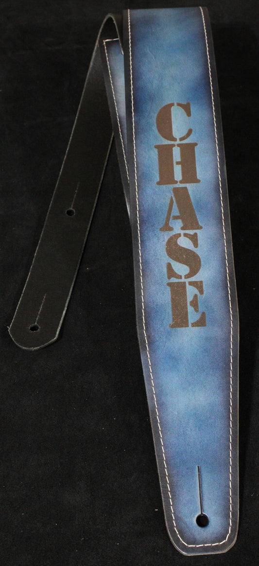 Stitched blue leather guitar strap
