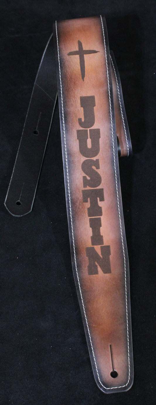Stitched brown leather guitar strap