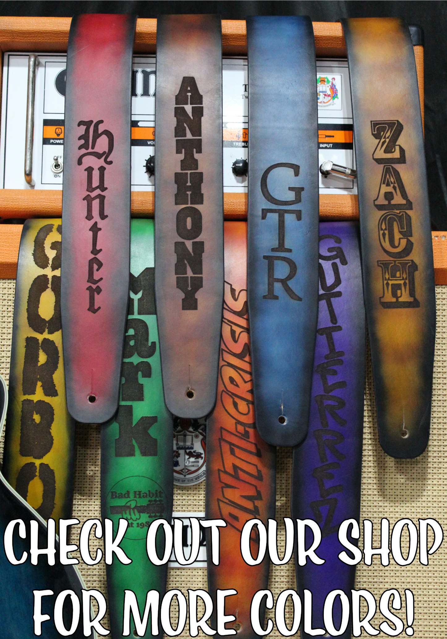 Stitched light blue leather guitar strap