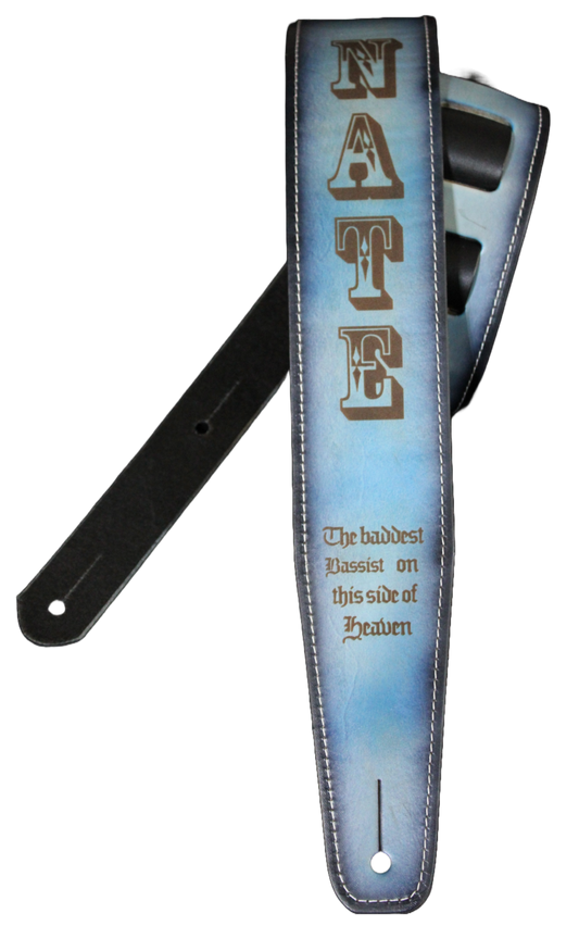 Stitched light blue leather guitar strap