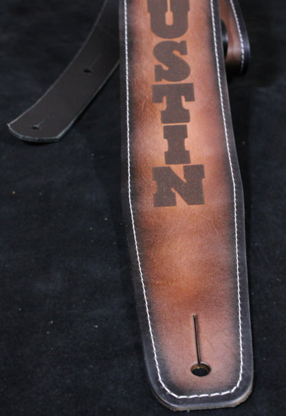 Stitched brown leather guitar strap