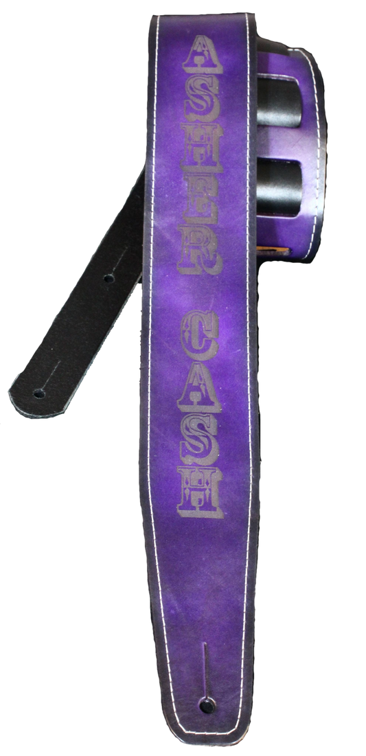 Stitched purple leather guitar strap