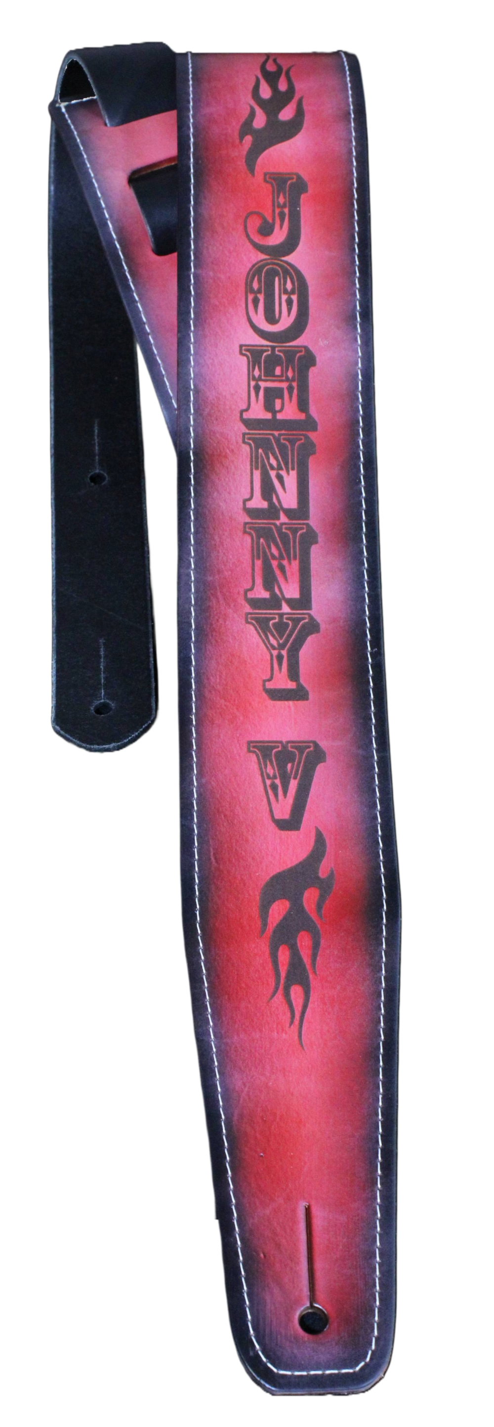 Stitched red leather guitar strap