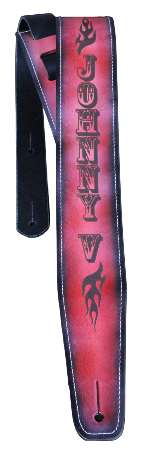 Stitched red leather guitar strap
