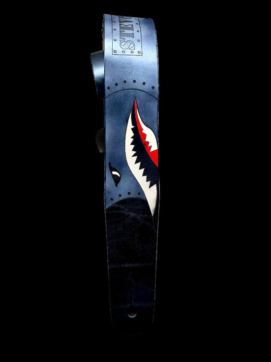 shark fight plane design on leather guitar strap steel colored